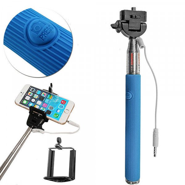Wholesale Wired Selfie Stick with Remote Small Clip (Blue)